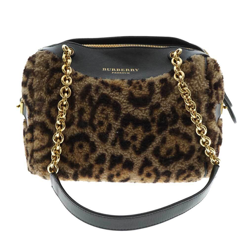 BURBERRY Chain Handbag Boston Bag Leather Leopard Black Animal